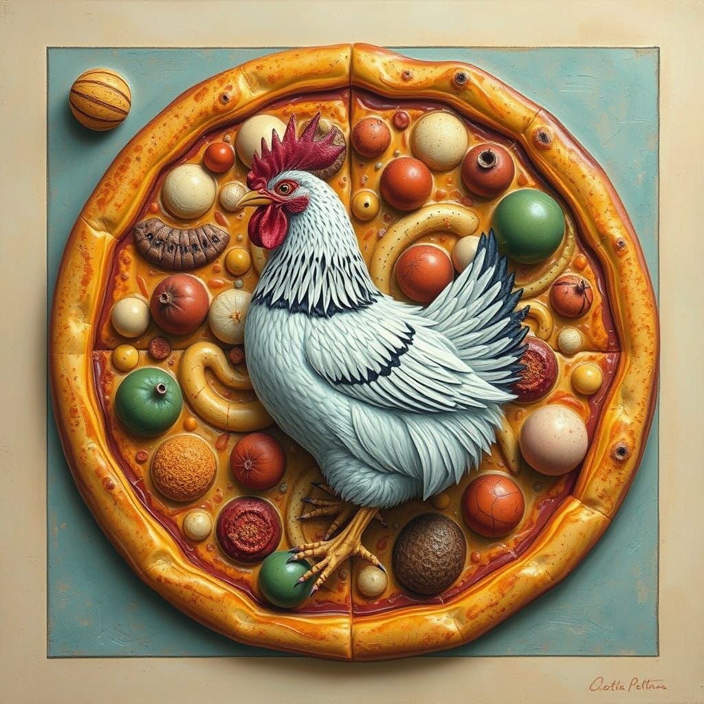 Surreal Chicken Pizza Folk Art Impasto Painting