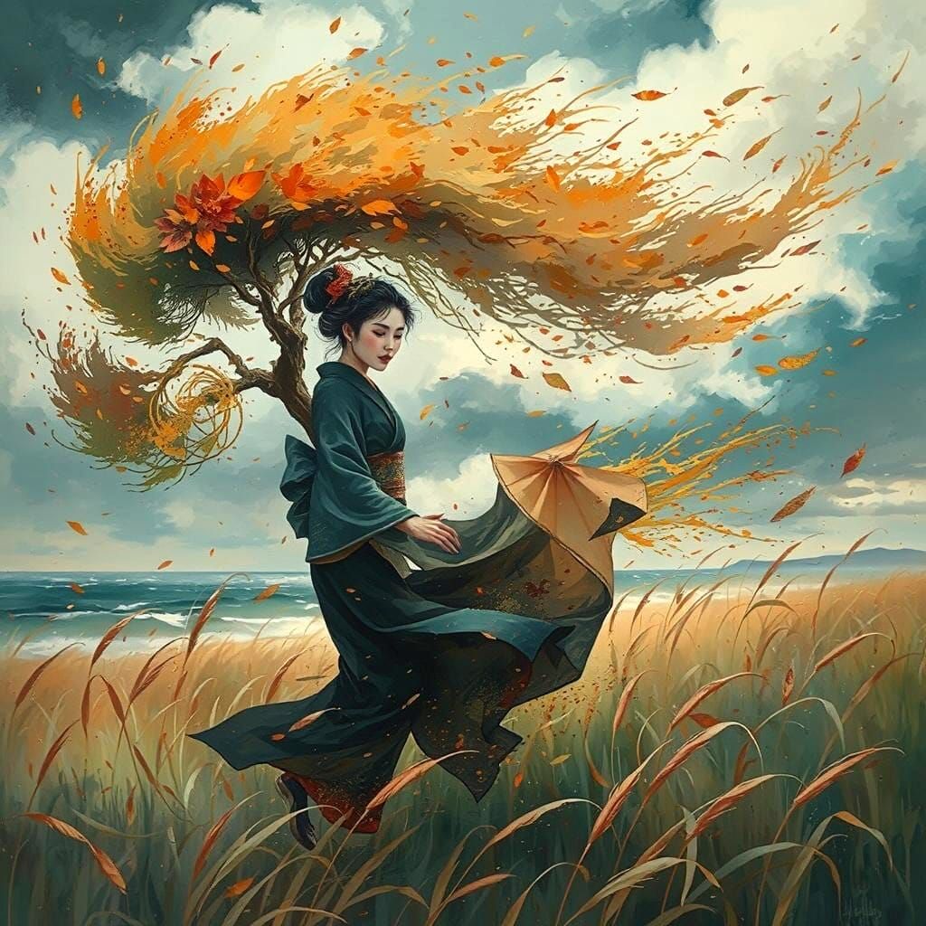 Geisha Dances in Autumn Wind, Baroque Oil Painting