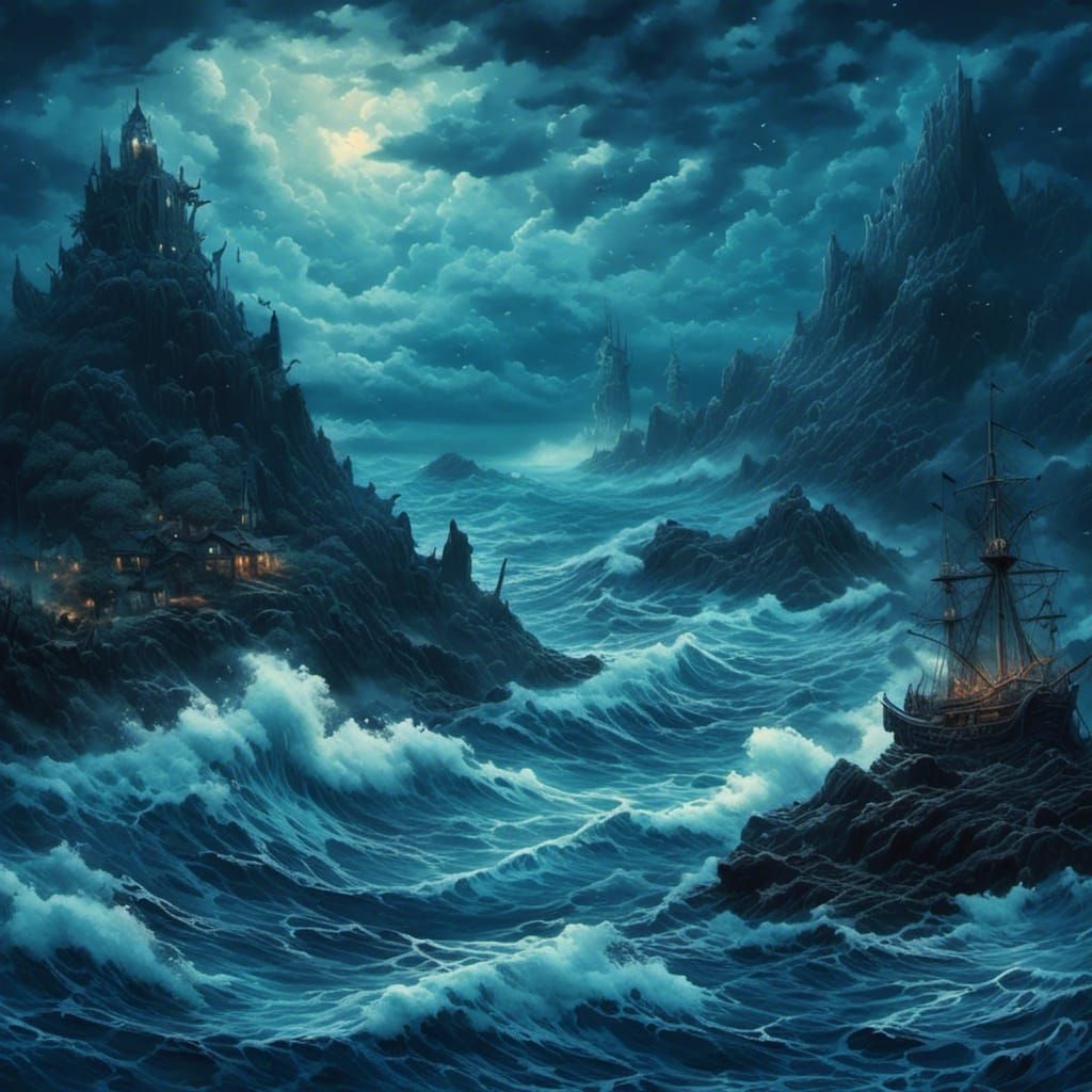 Stormy Deep Blue Ocean in Dark Fantasy Style