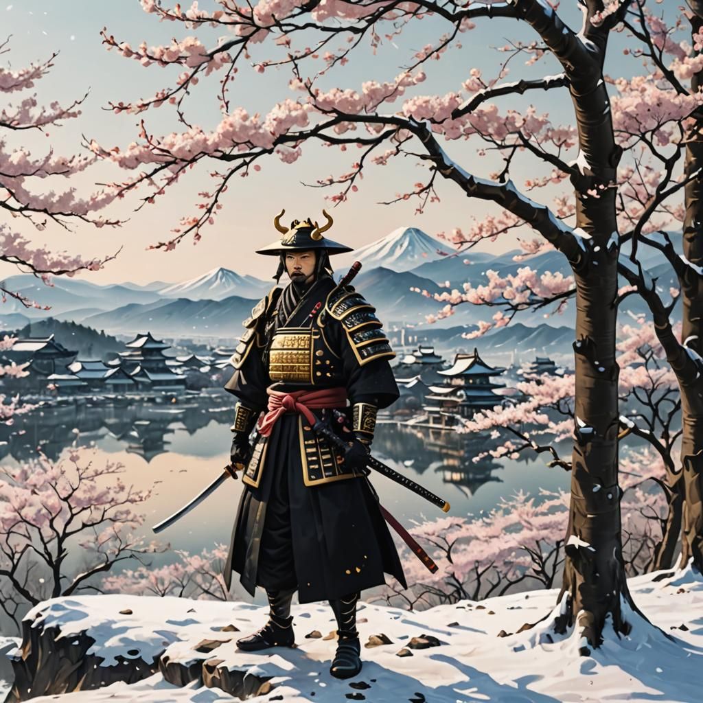 Samurai Under Cherry Blossoms Overlooking Frozen Lake