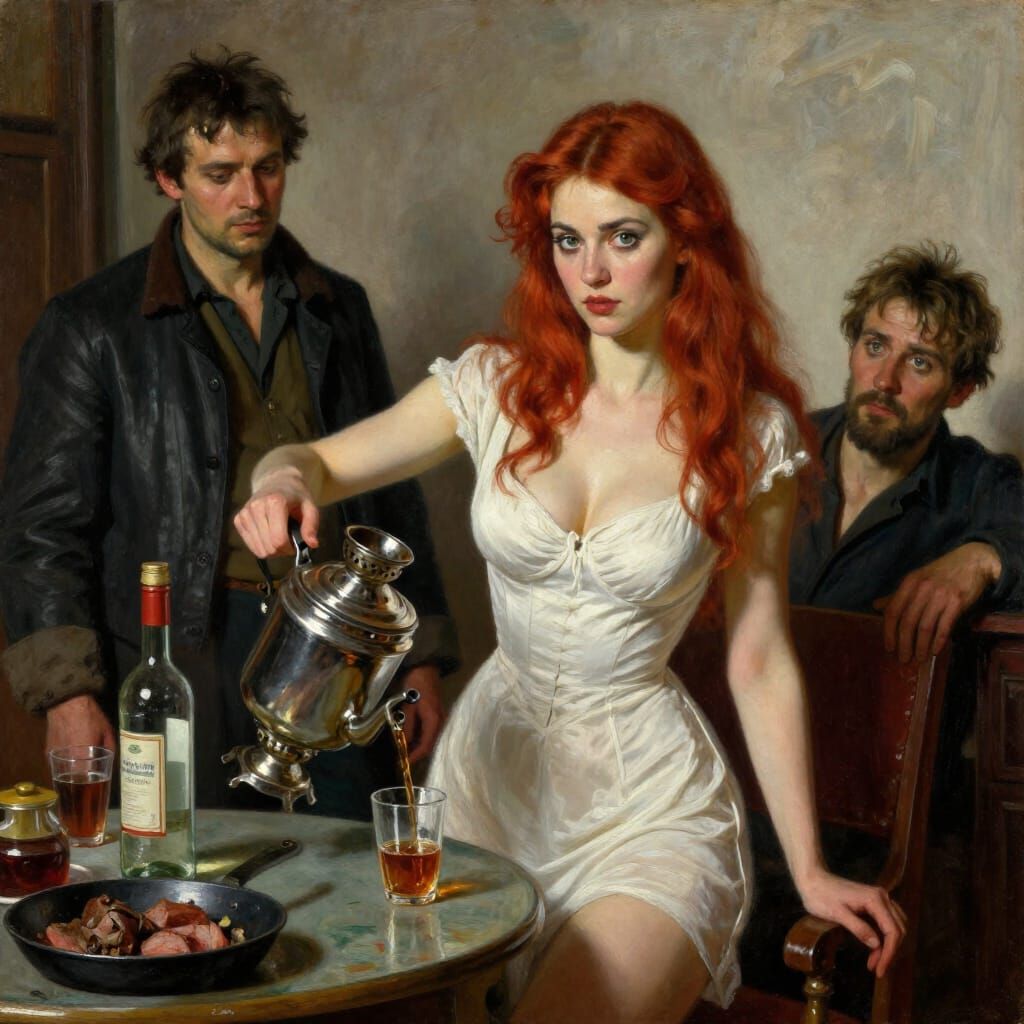 Intriguing Scene: Men, Woman, Tea, and Vodka
