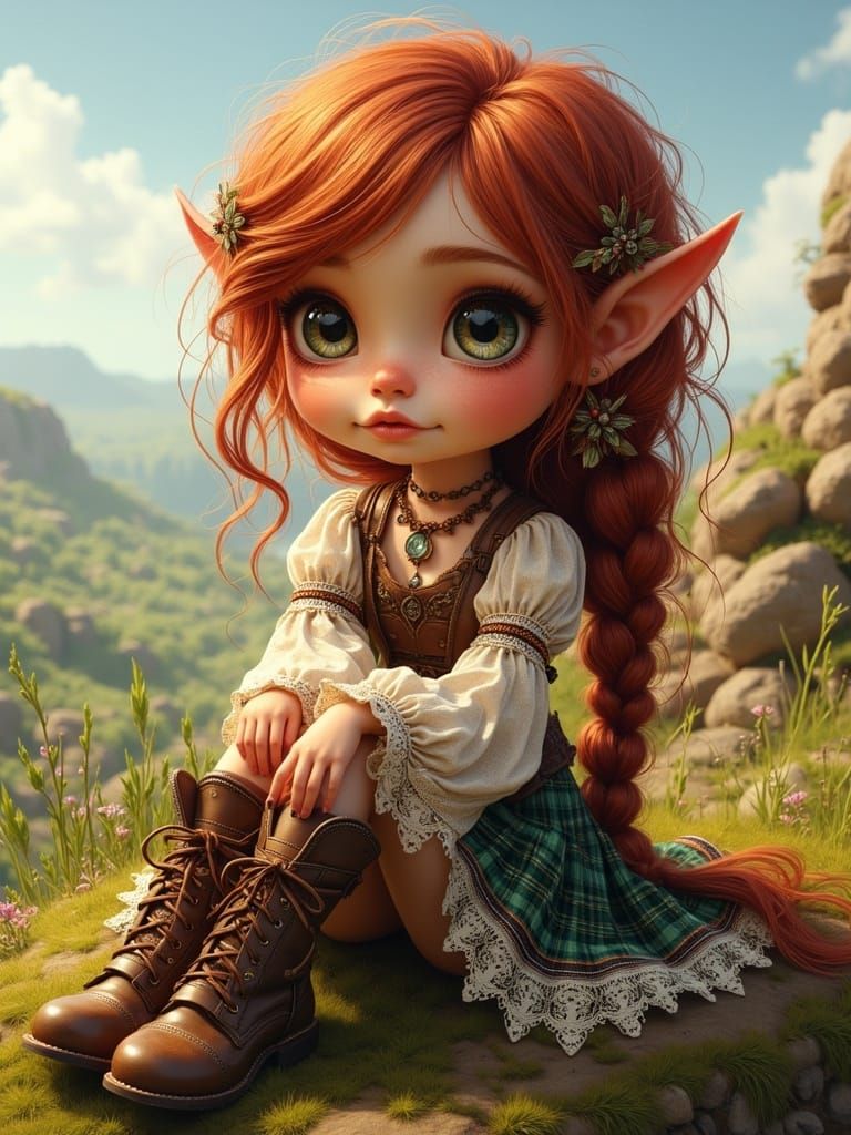 Adorable whimsical Celtic girl, long wavy auburn hair with b...