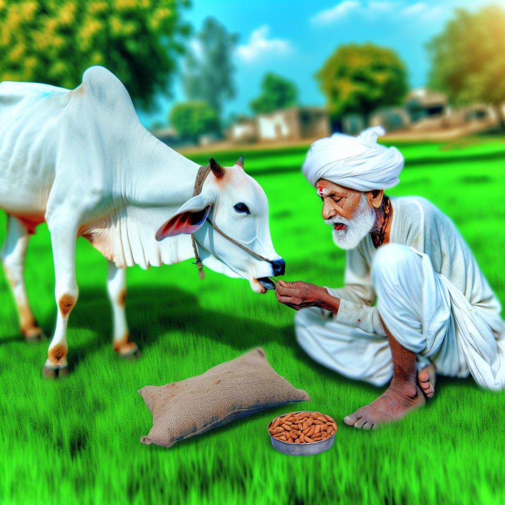 Elderly Farmer and Cow in Verdant Field