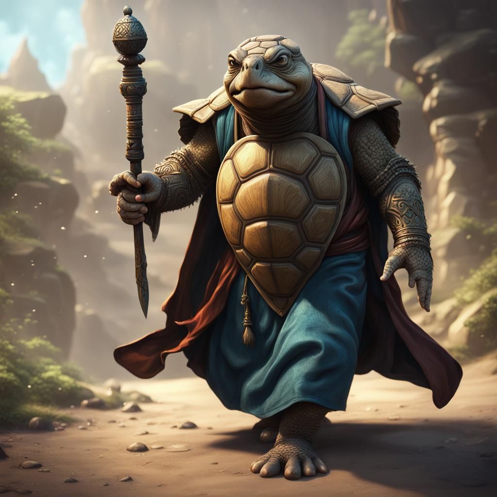 Tortoise Monk with Mace, Detailed Fantasy Art