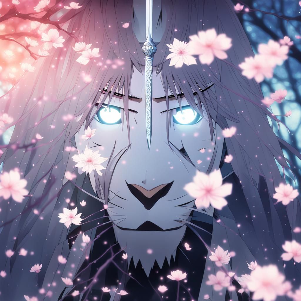 Shinigami Warrior in Moonlit Cherry Blossom Garden