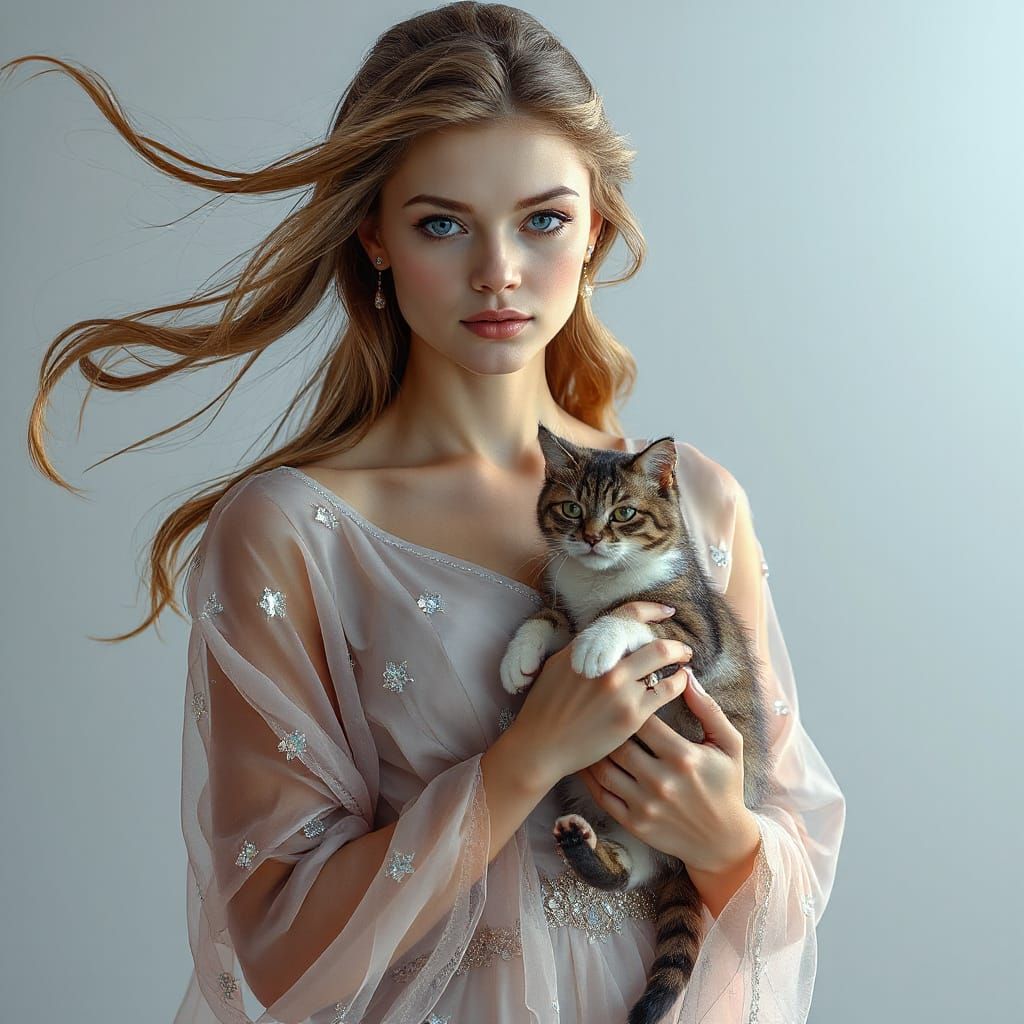 Woman in Starlight Gown Holding Cat in Hyperrealistic Style