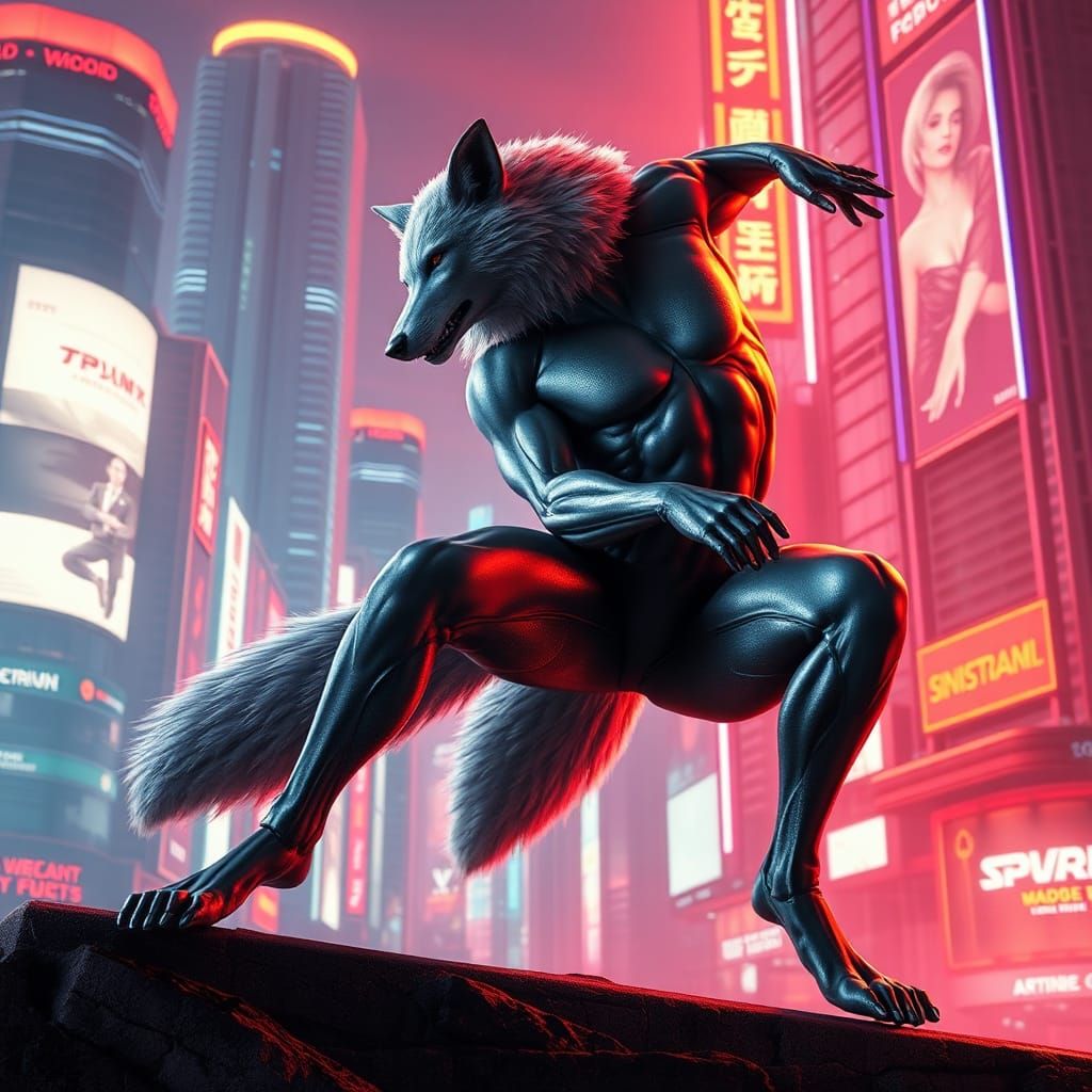 Athletic Metallic Wolf in Futuristic Cityscape