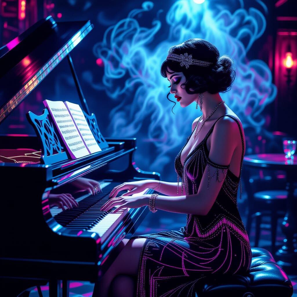 Neon Chalk Art of Gothic Woman at Piano