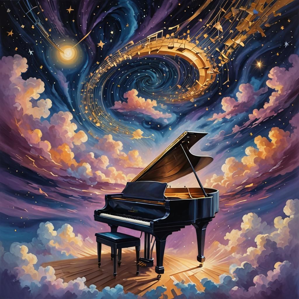 Flying Piano Soaring Through Starry Night Sky