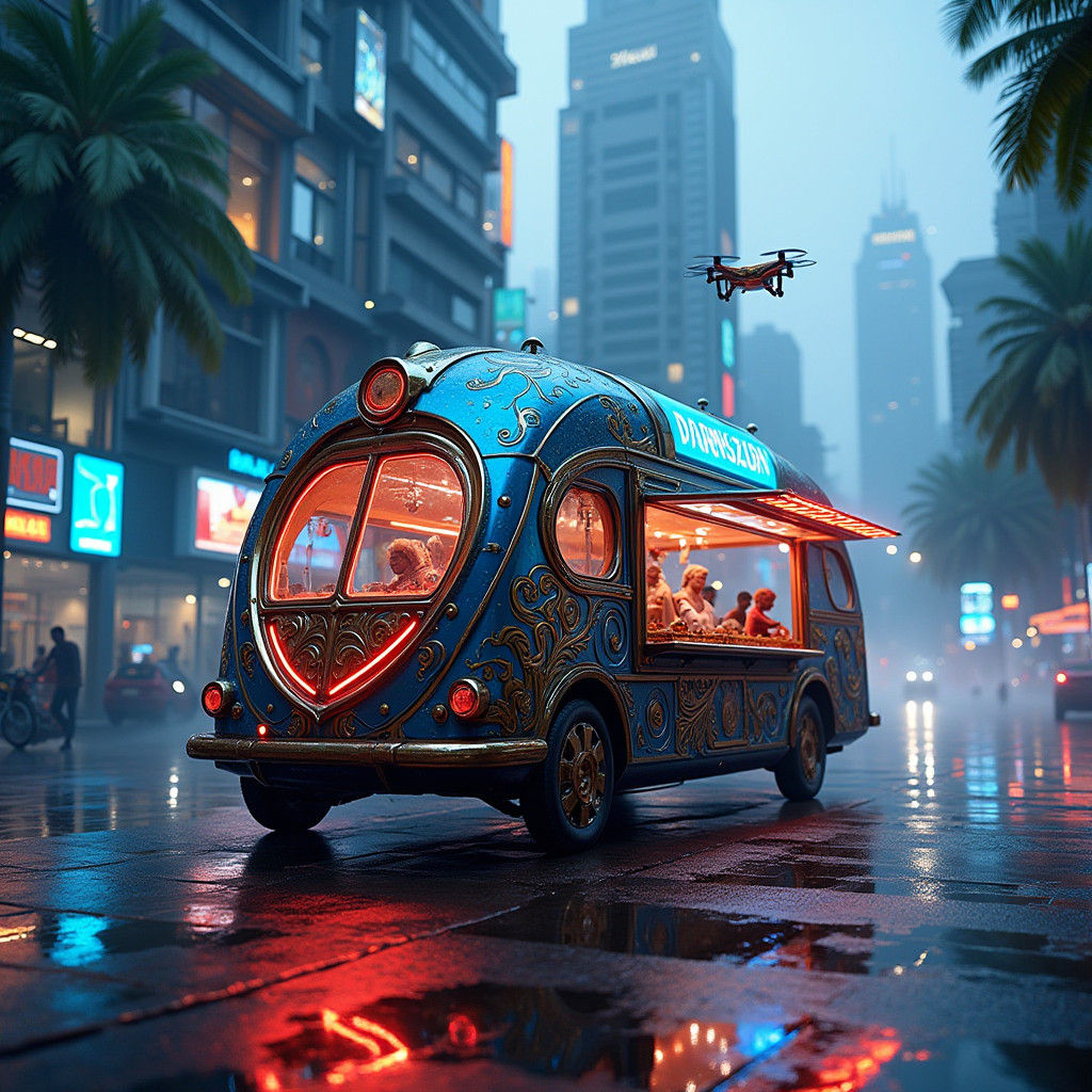 Futuristic Kerala Food Truck in Neon Cityscape