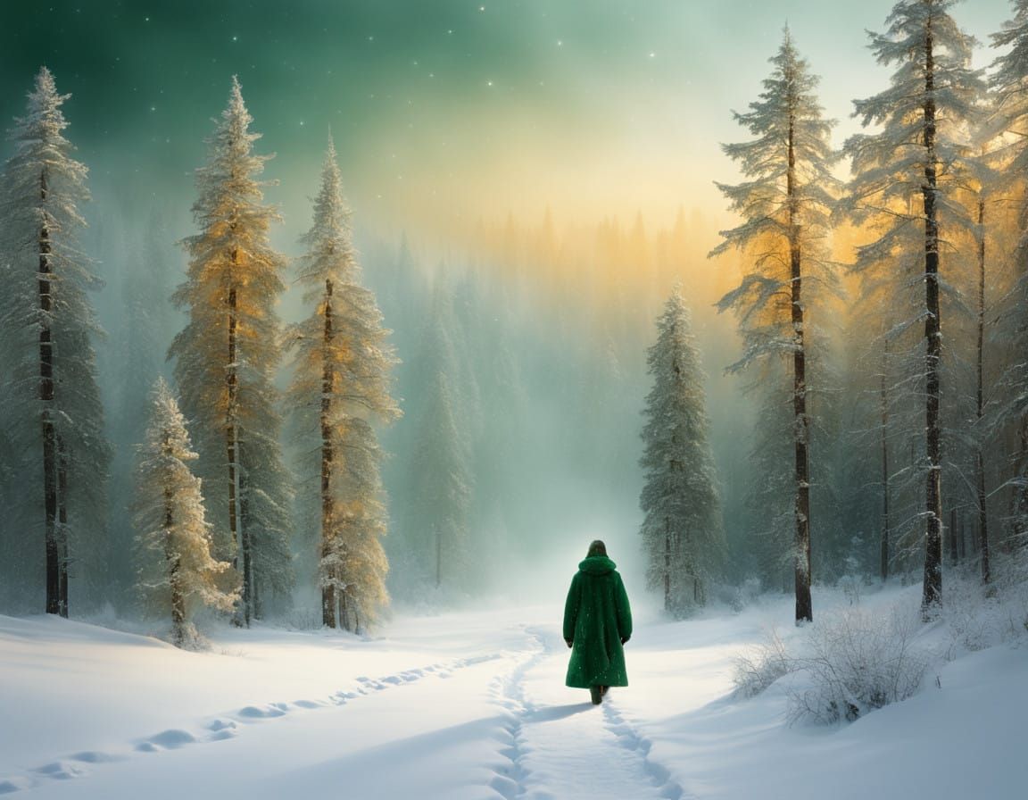 Confident Figure Strides Across Winter Wonderland in Forest...