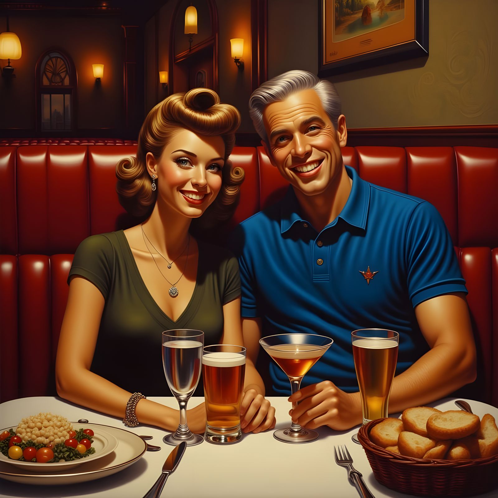 Retro-Themed Couple Enjoying a Night Out in a Cozy Restauran...