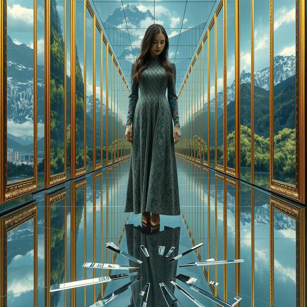 Infinite Reflections: Woman in a Mirror Labyrinth