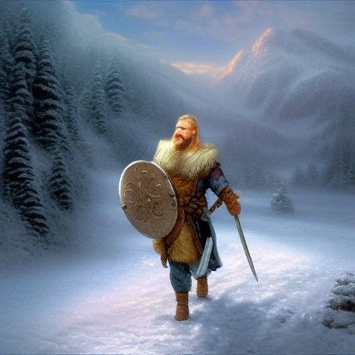 Viking Warrior in Snowy Mountain Landscape