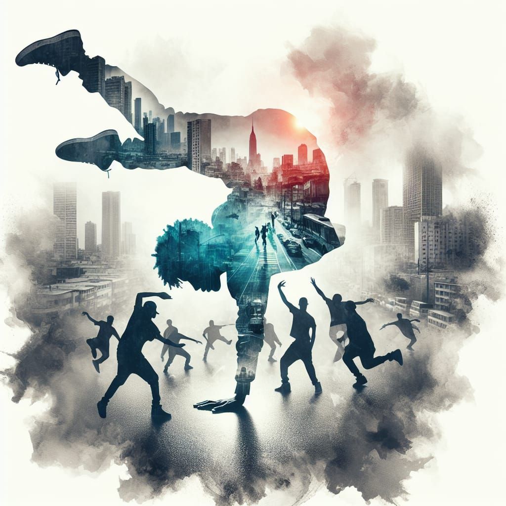 Monochrome Double Exposure: Breakdancer in Street Scene