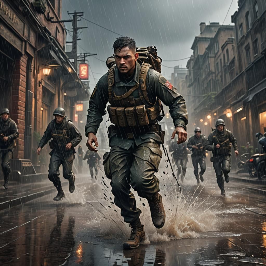 Soldier Running in Rain: Detailed Matte Painting