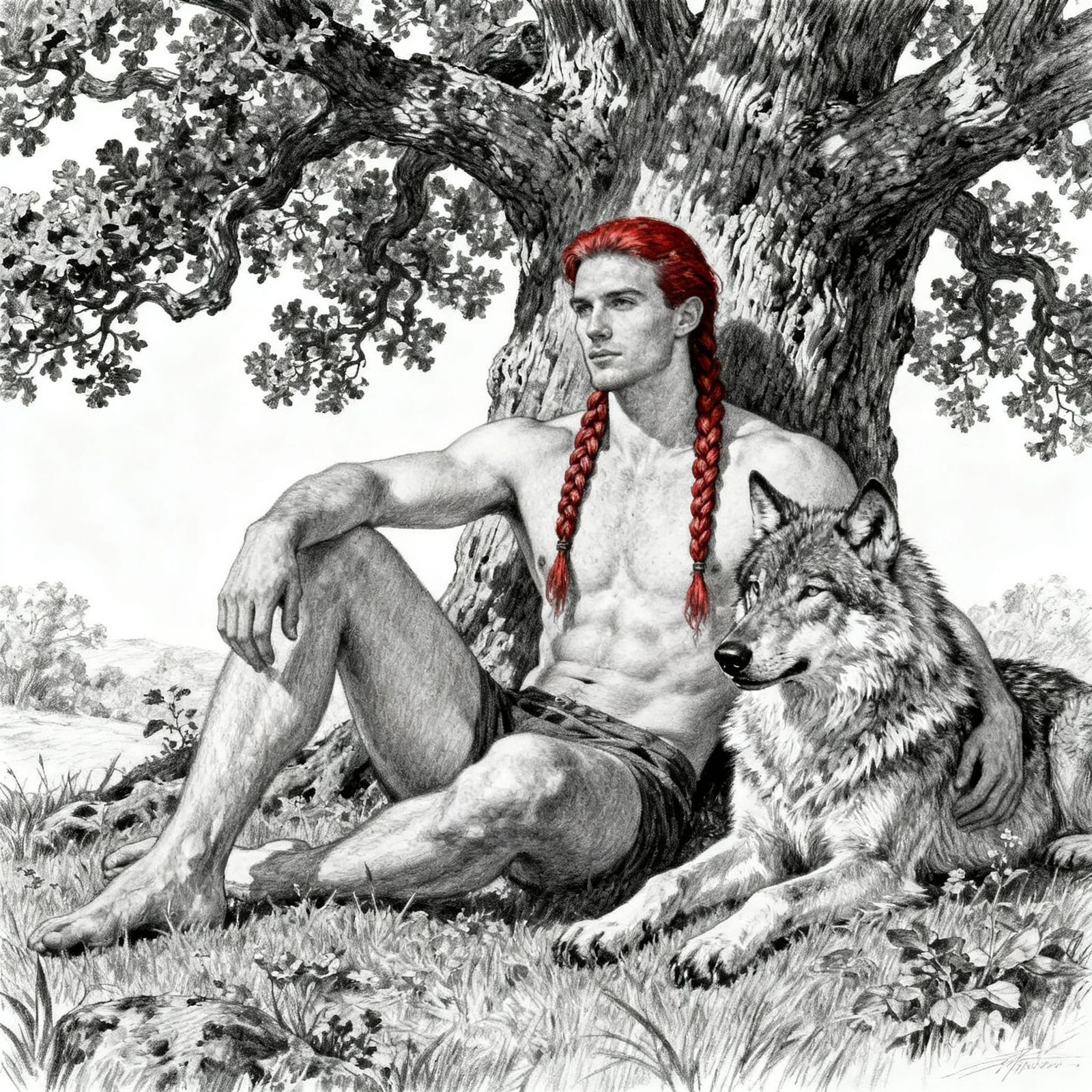 Irish Man and Wolf Under Oak Tree Pencil Drawing