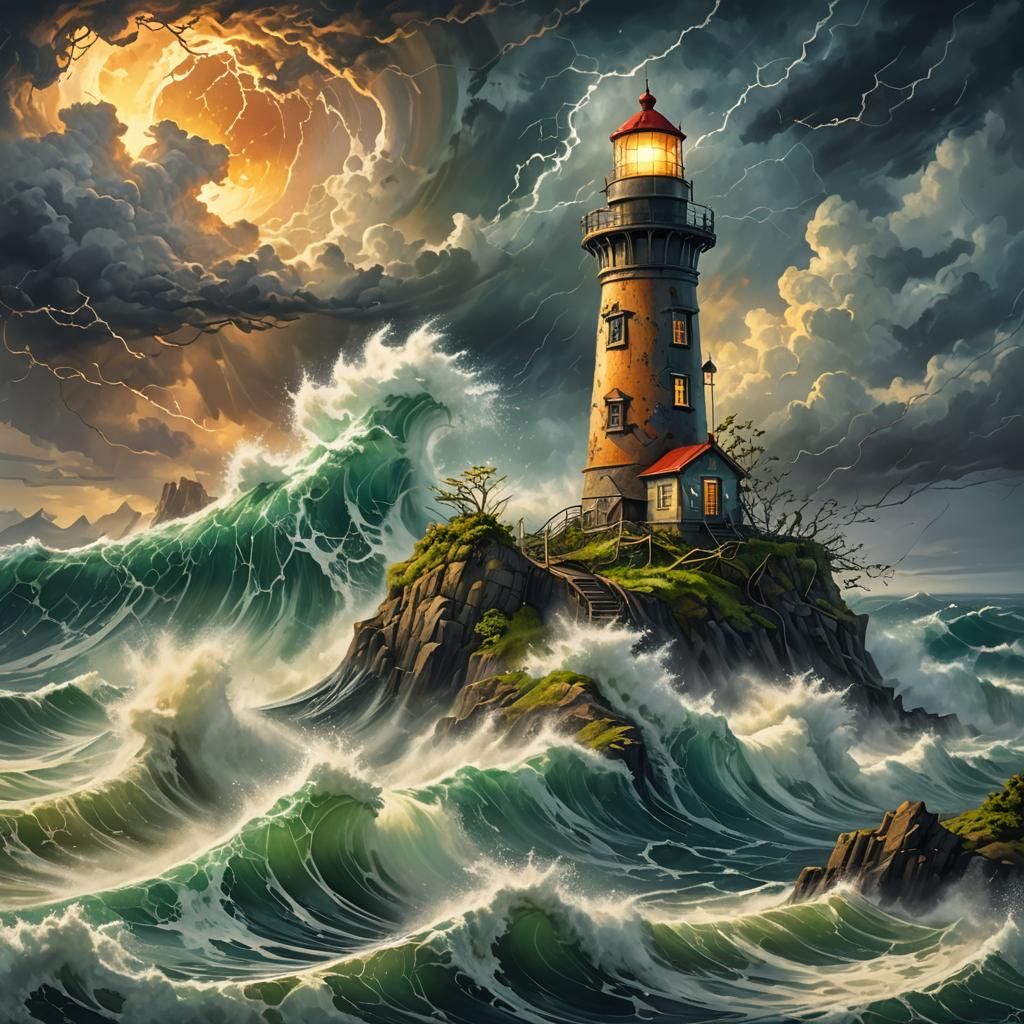 Tsunami Crashing Lighthouse: Epic Oil Painting