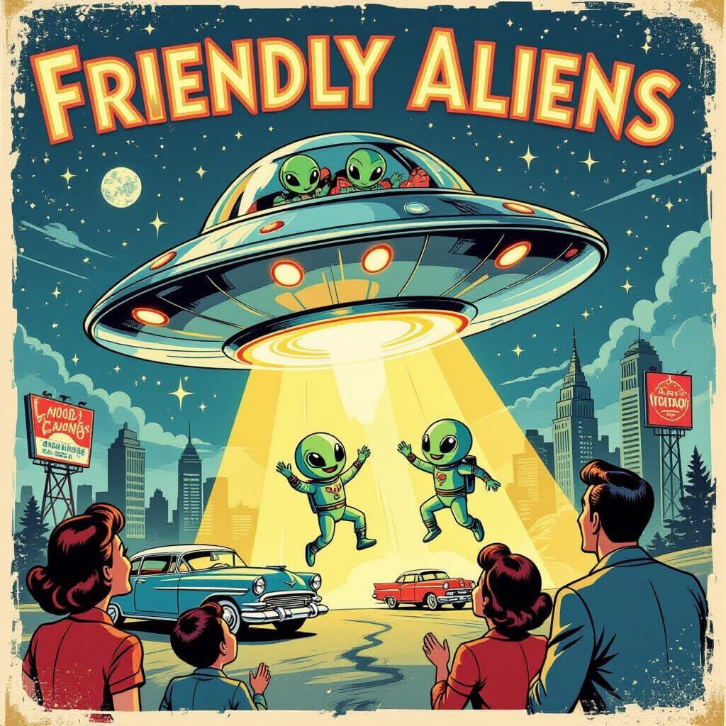 Friendly 1950s Aliens Land on Earth in Shiny Saucer