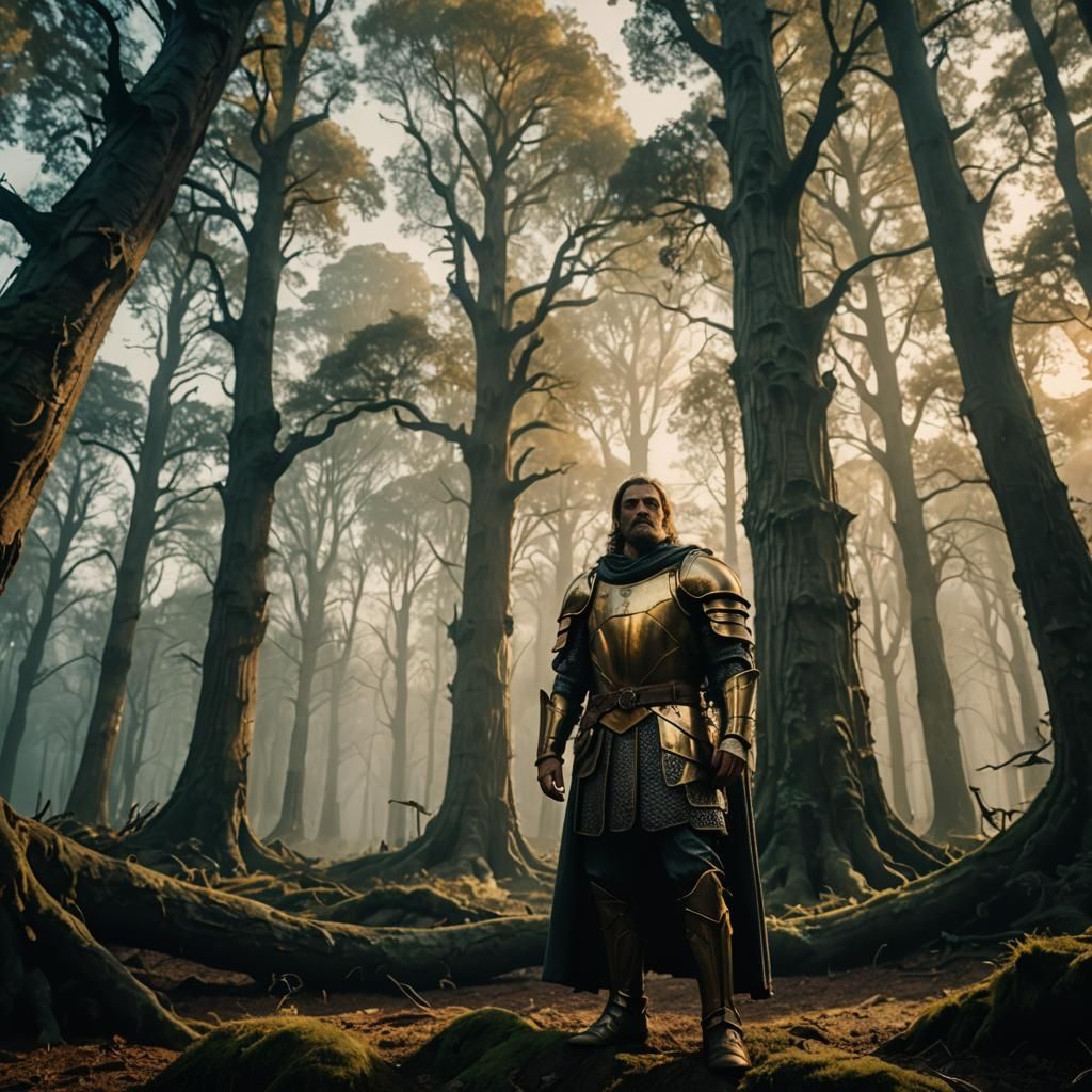 King in Mystical Woods: Cinematic Film Still