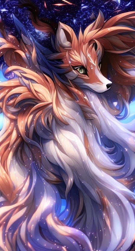 Crying Fox in Starry Forest: Anime Digital Art