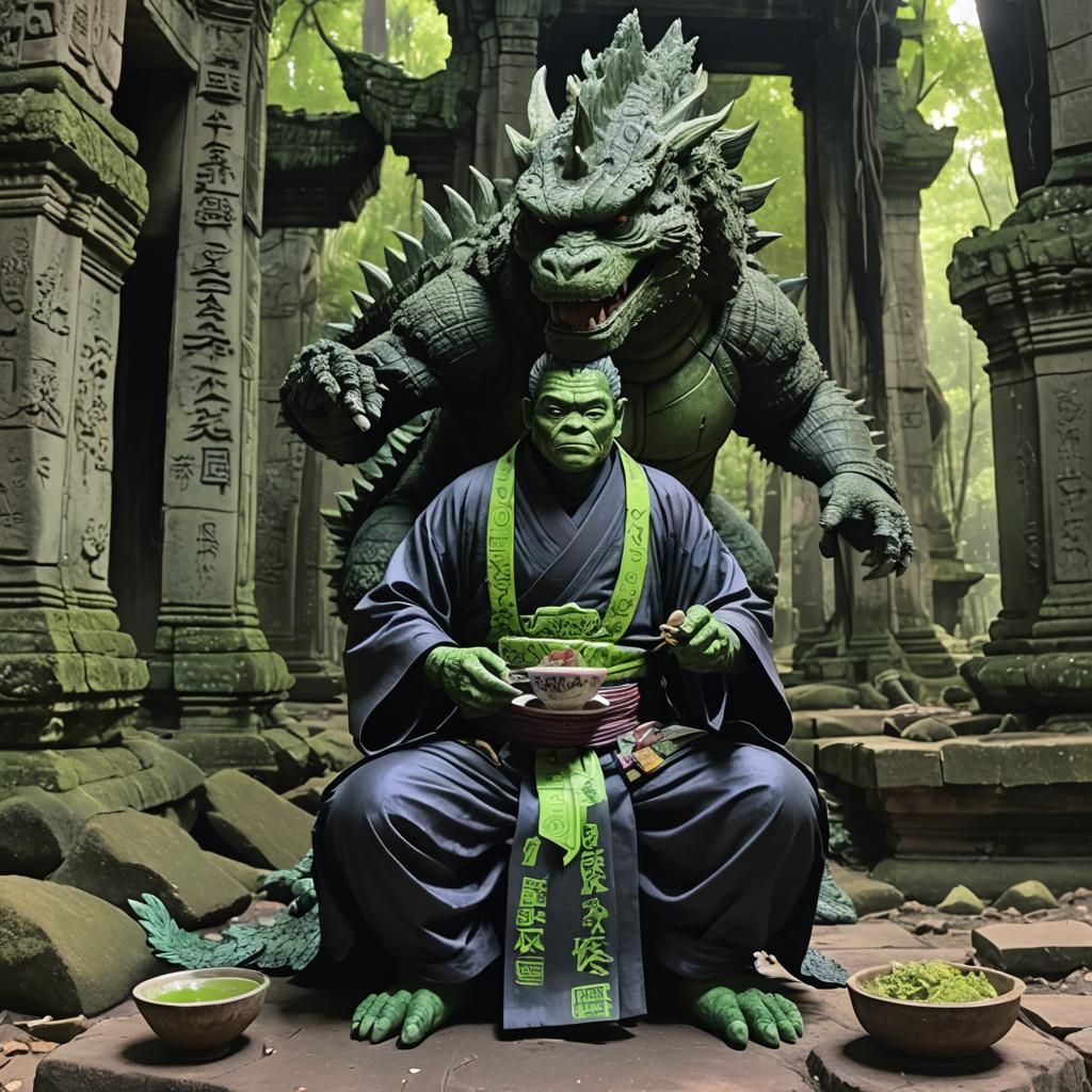 Godzilla, Elf, and Cabin in a Surreal Landscape