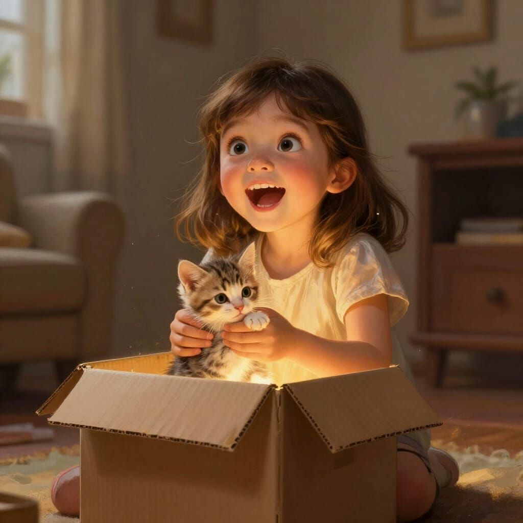 Girl's Wonder: Kitten Revealed in Warm Fantasy Art