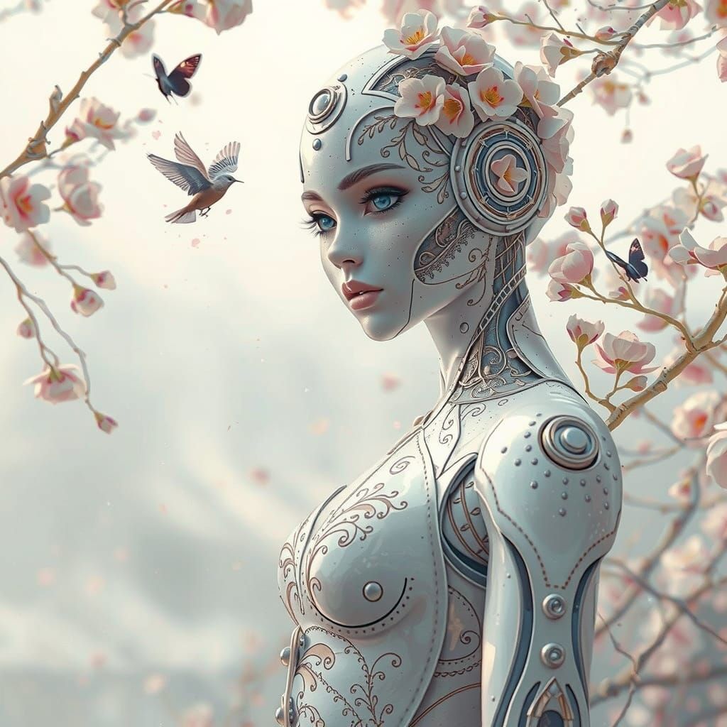 Elegant Cyborg with Floral Design in Anime Style
