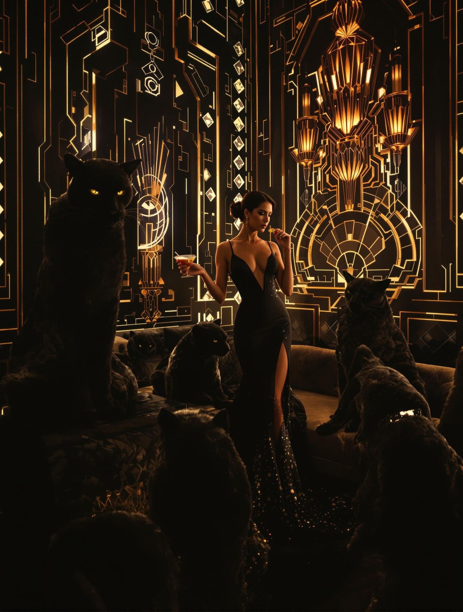 Art Deco Noir: Woman in Speakeasy with Panthers
