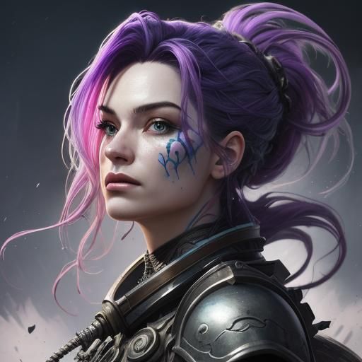 Armored Woman Portrait with Swirling Colors