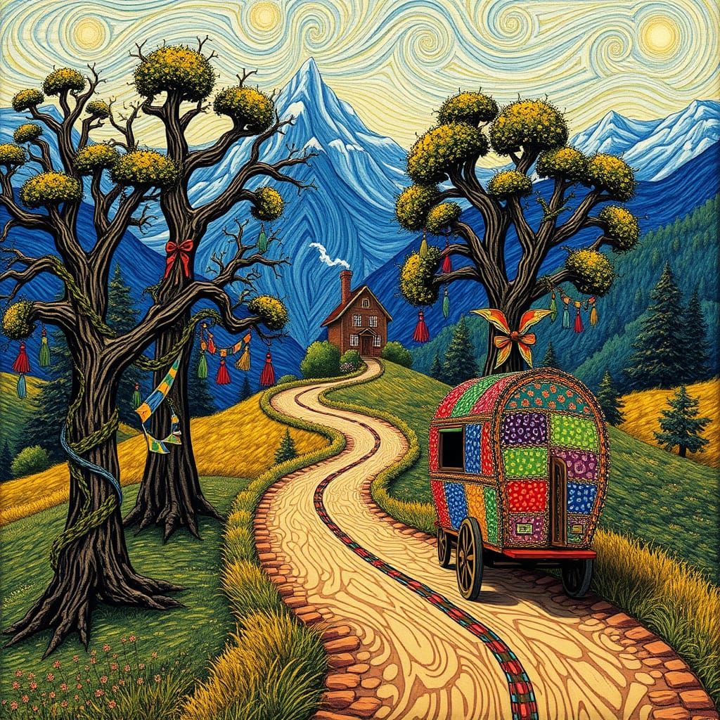 Whimsical Folk Art Caravan Winds Through Dreamlike Mountains