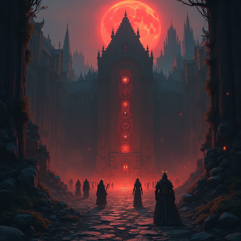 Ancient City Under Ominous Blood-Red Moonlight