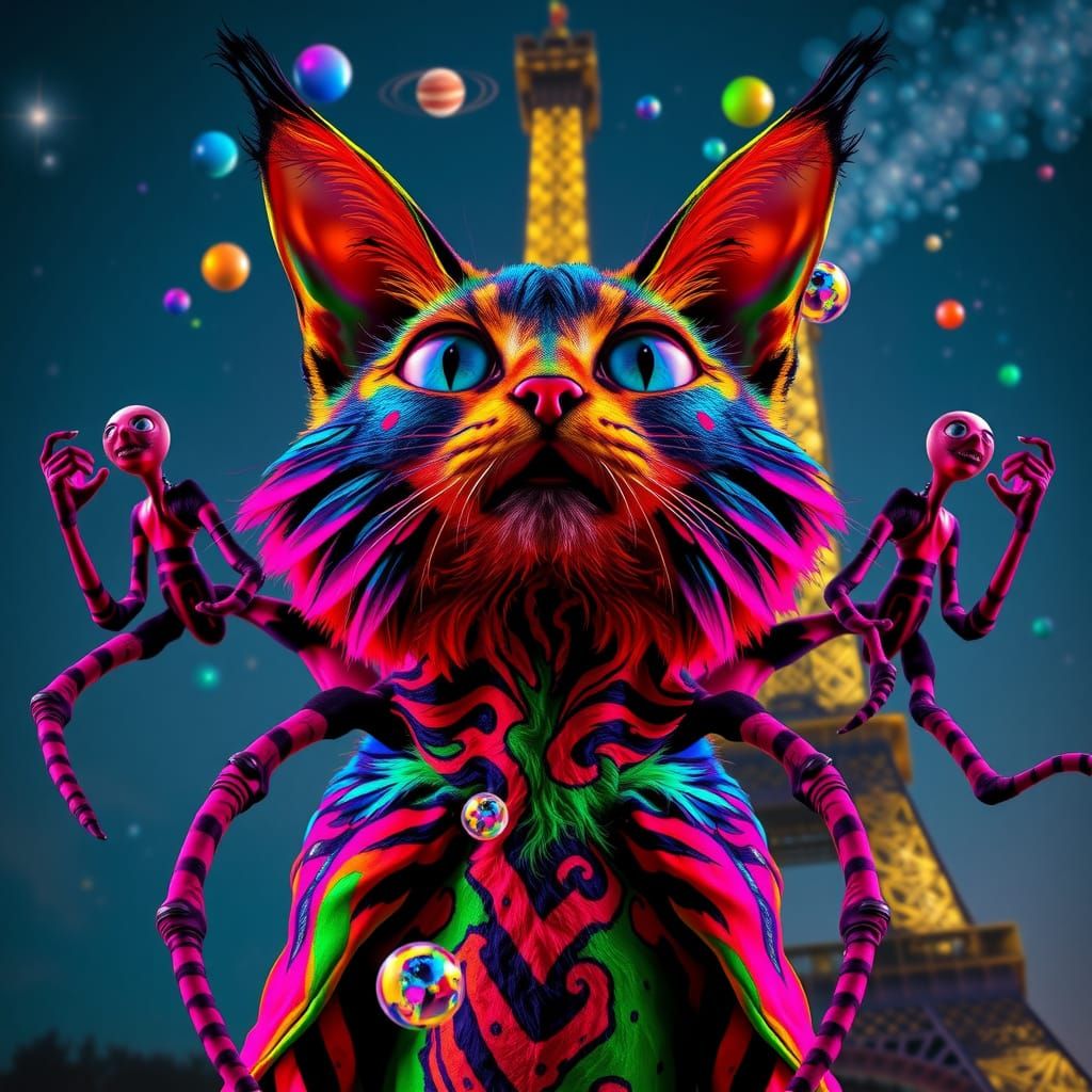 Dreamlike Cat in Vibrant Eiffel Tower Landscape