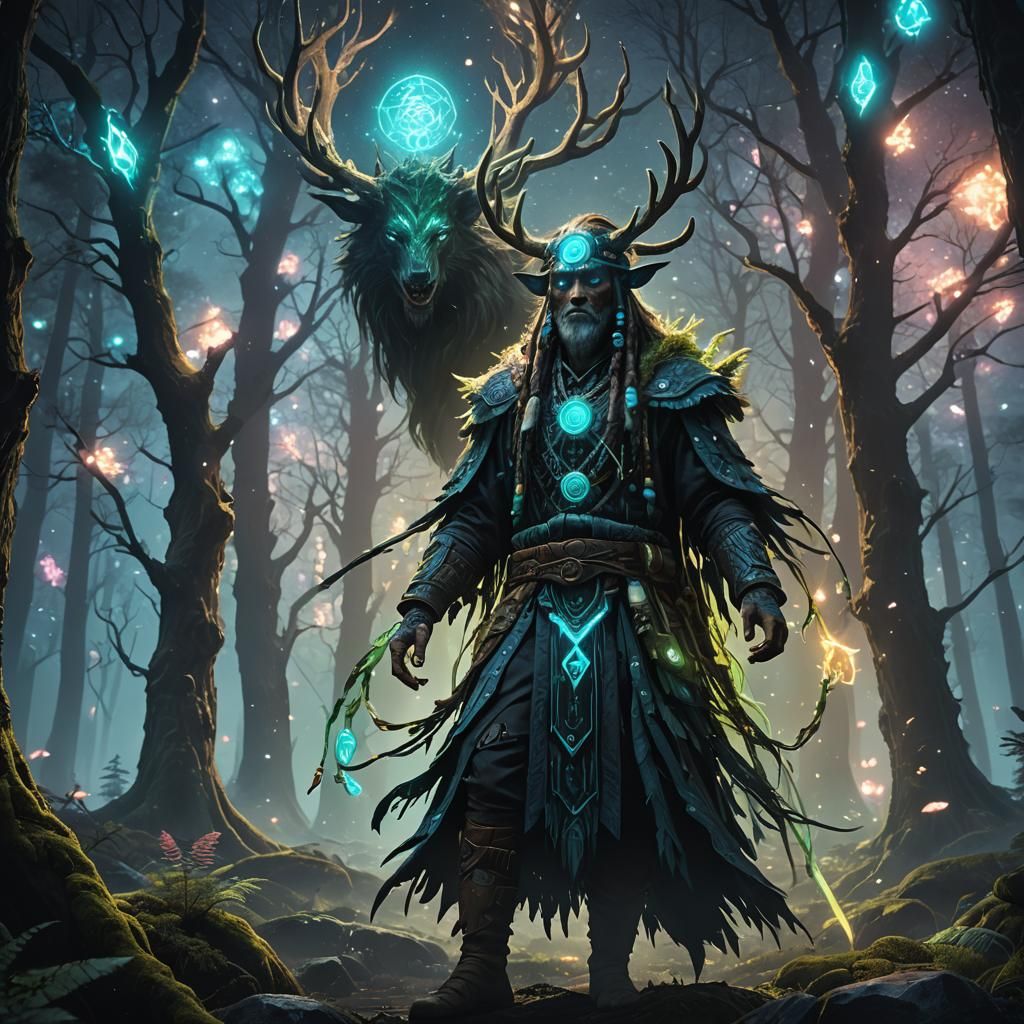 Cosmic Bioluminescent Druid Shaman in Nebula