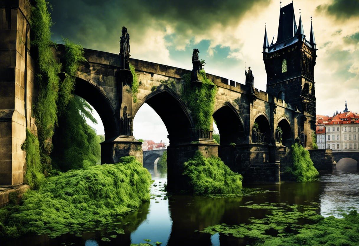 Charles Bridge, Prague, Czech Republic, post apocalyptic, neglected,