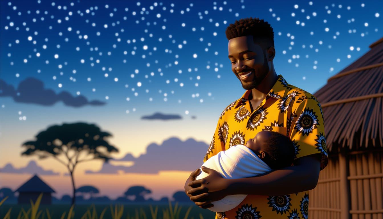 African Father and Baby Under Starry Night Sky