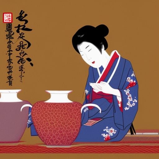 Detailed Japanese Tea Ceremony in Splash Art Style