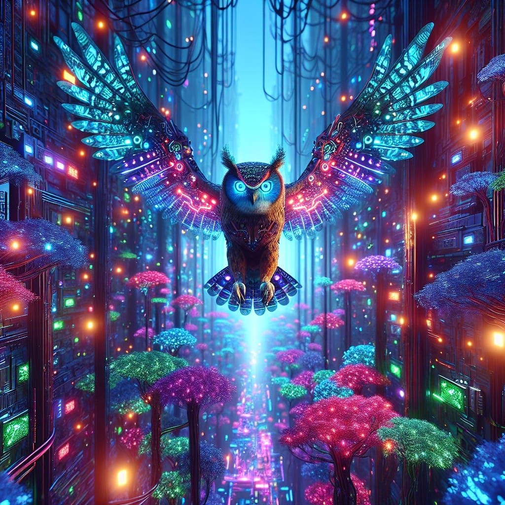 Biopunk Cybernetic Owl in Neon Jungle