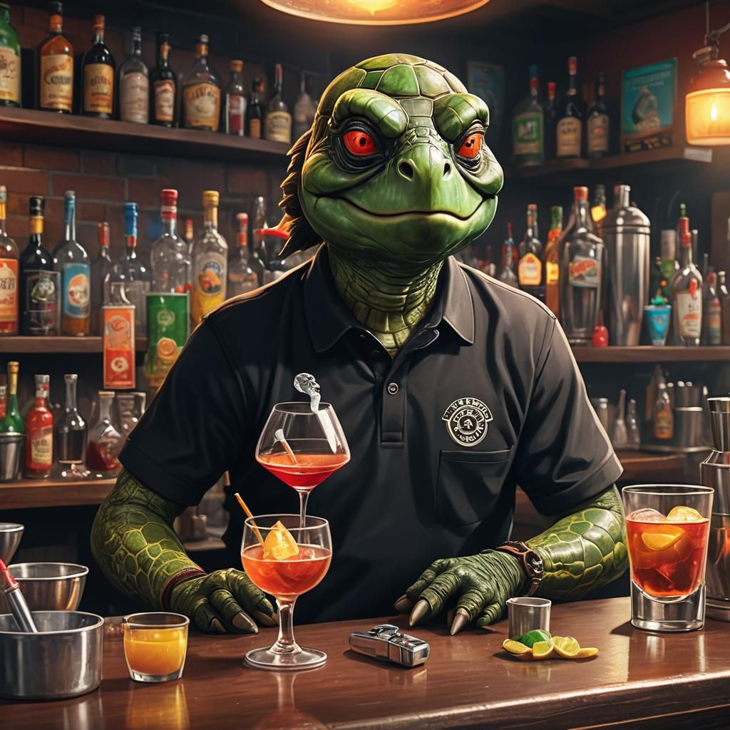 Turtle Bartender in Vibrant Pixar-Style Concept Art