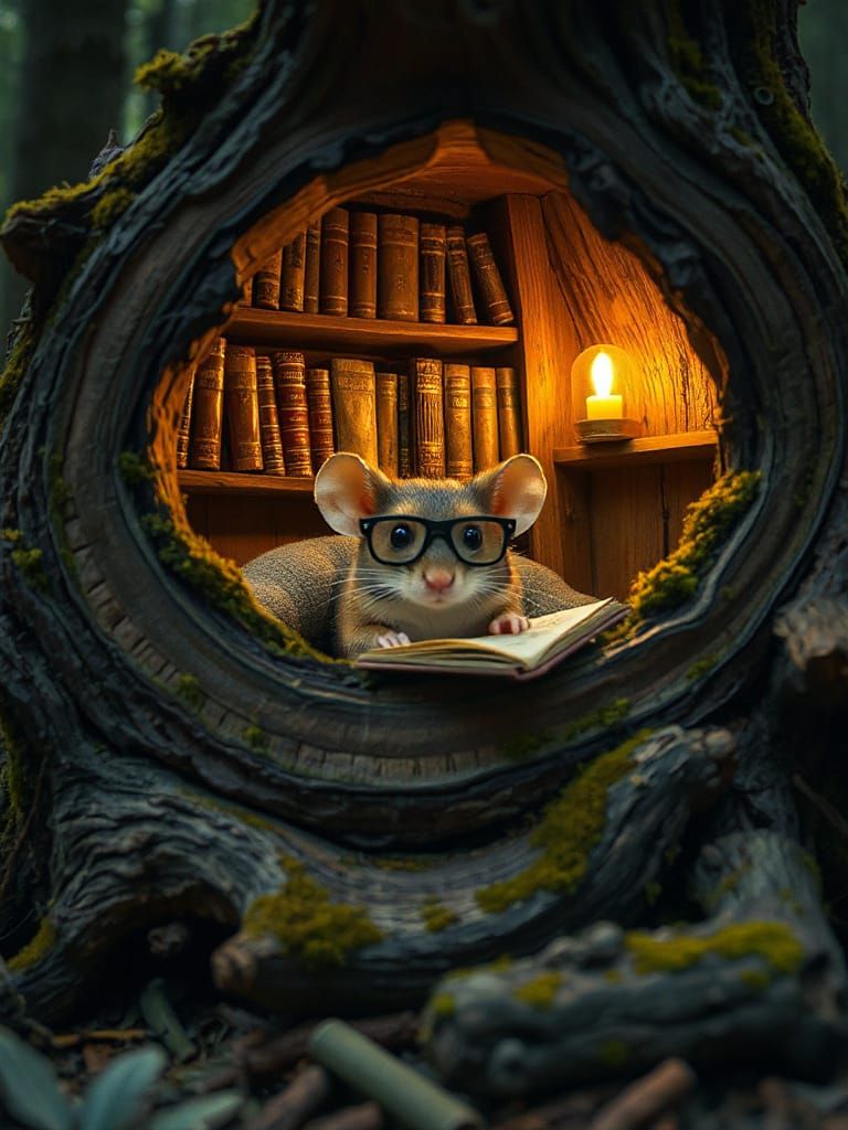 Mouse in a Magical Tree Stump Library