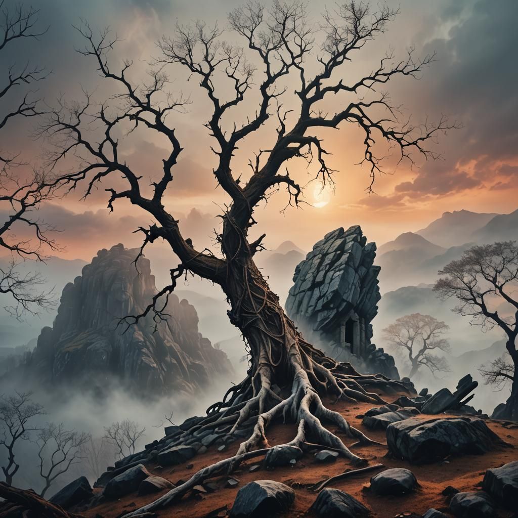 Mysterious Ancient Monument on Misty Mountain Peak