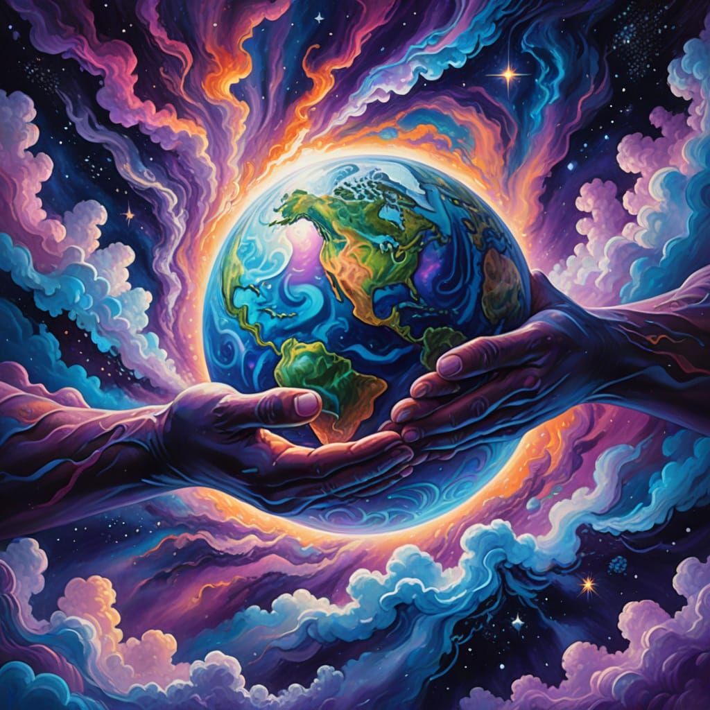 God's Hands Hold Earth: Cosmic Oil Painting