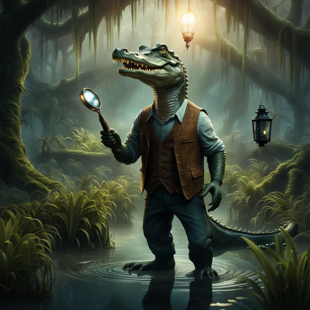 Alligator Investigator in Misty Swamp: Digital Matte Paintin...