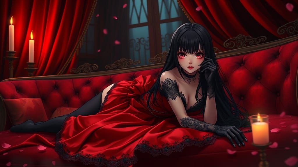 Gothic Anime Girl in Red Gown with Candlelight