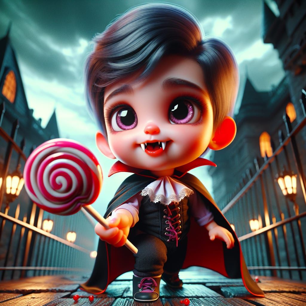 Candy-Loving Vampire Toddler in 3D Style