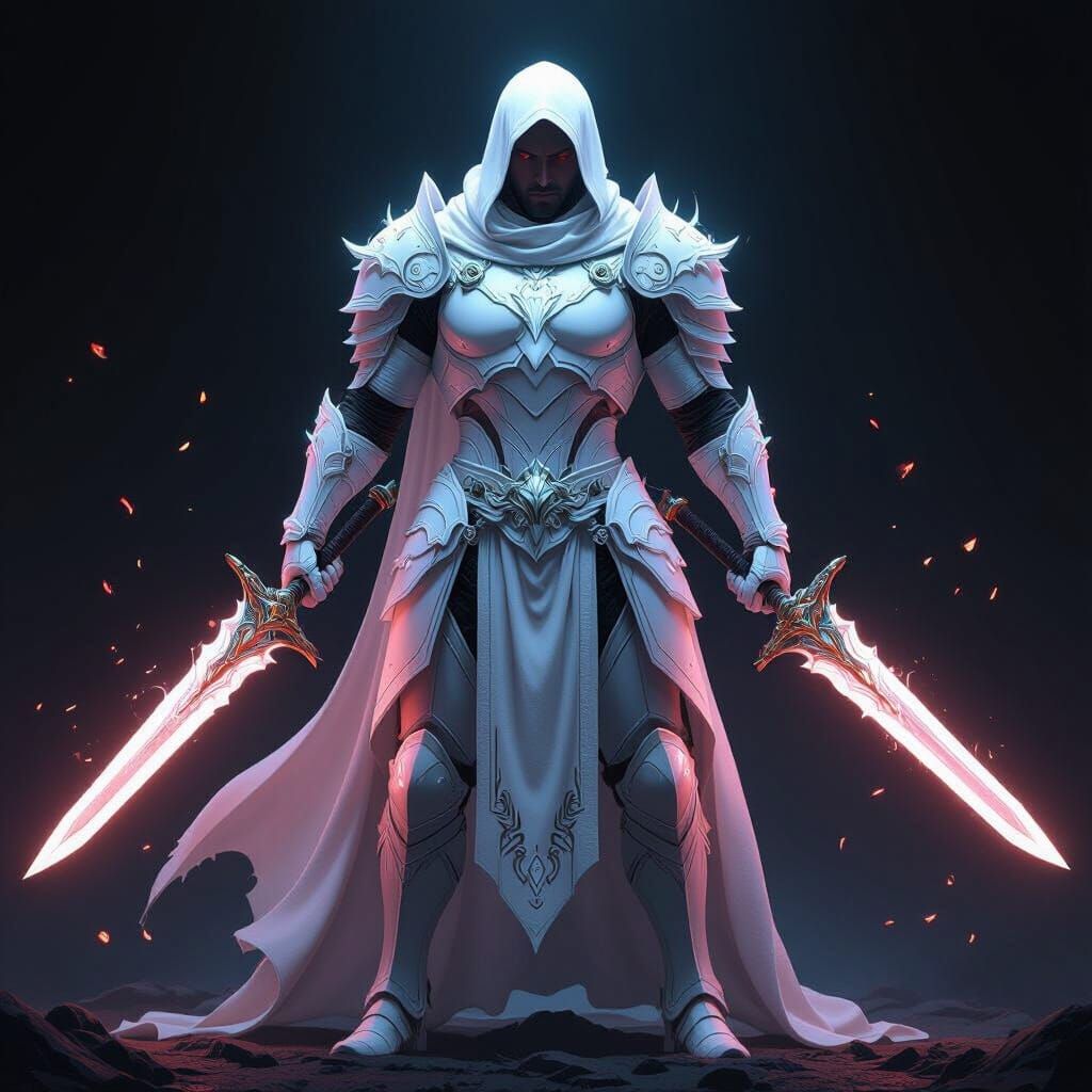 Fantasy Warrior in Glowing Armor with Two Swords