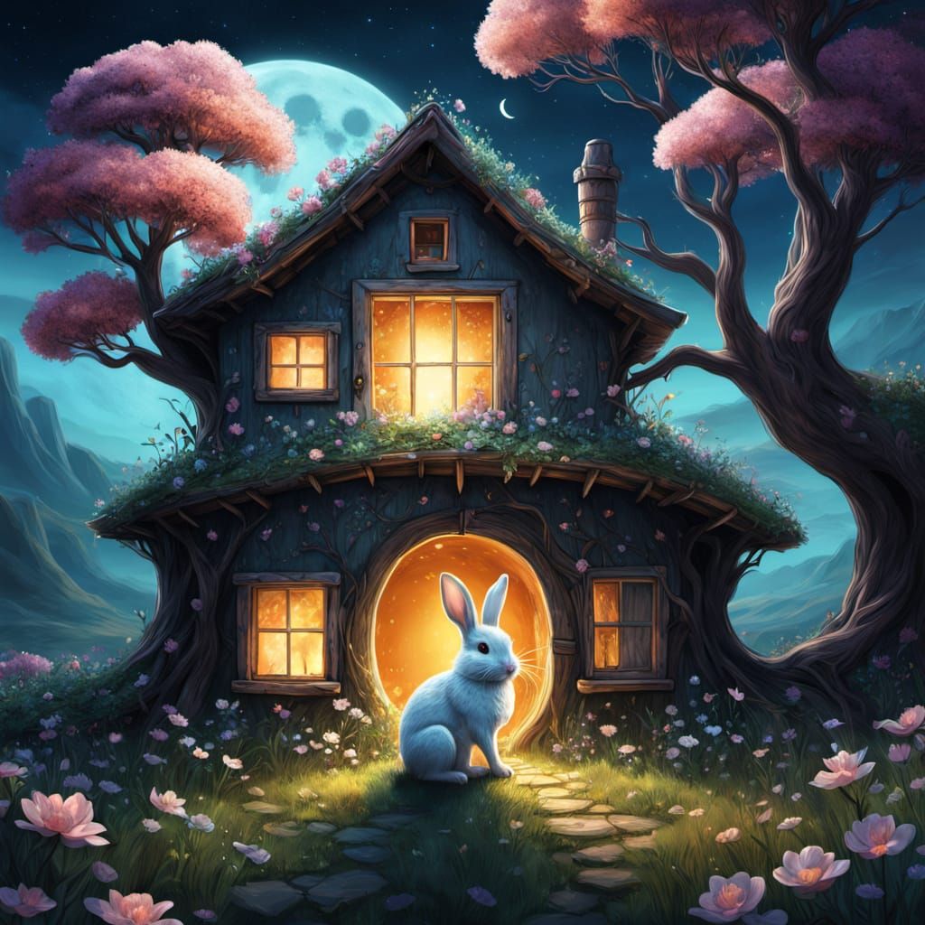 Glowing Rabbit in Enchanted Tree Hollow Home