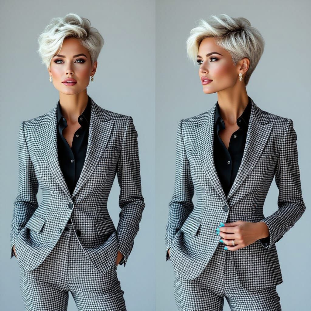 Woman in Tailored Houndstooth Pantsuit with Blue Accents