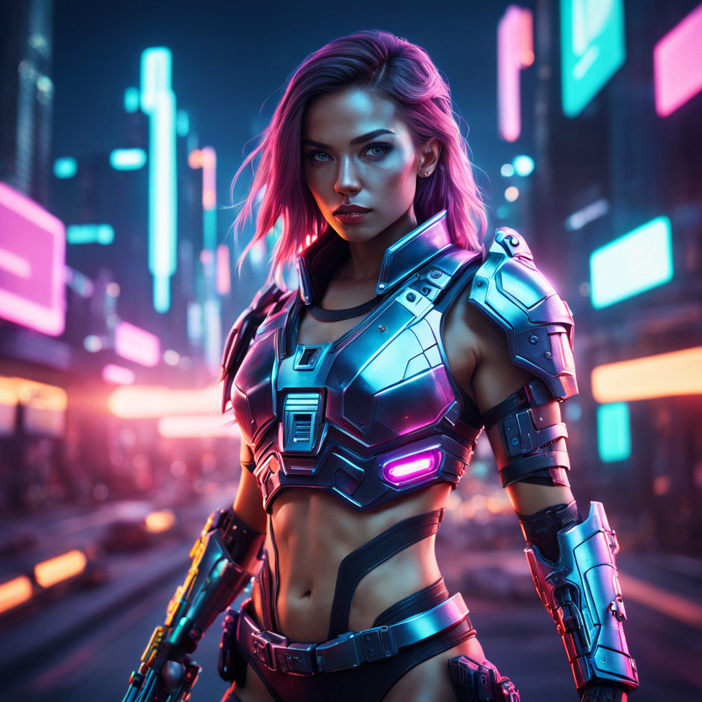 Dazzling Female Sci-Fi Warrior in Vibrant Neon Armor