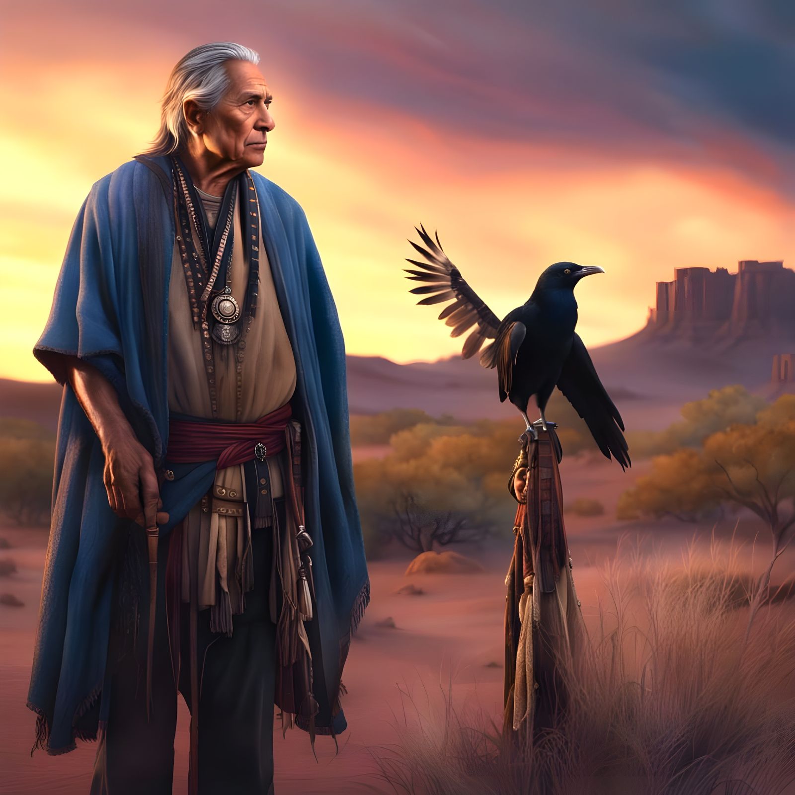 Native American Shaman in Twilight Desert Scene